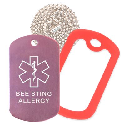 Bee Sting Allergy Medical Alert ID Necklace with Pink Tag, Red Silencer, and 30'' USA Chain - 154 Color Choices