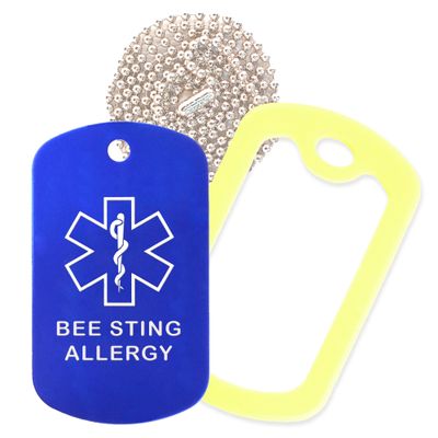 Bee Sting Allergy Medical Alert ID Necklace with Blue Tag, Yellow Silencer, and 30'' USA Chain - 154 Color Choices