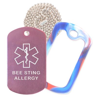 Bee Sting Allergy Medical Alert ID Necklace with Pink Tag, Red/White/Blue Silencer, and 30'' USA Chain - 154 Color Choices