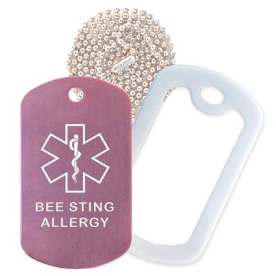 Bee Sting Allergy Medical Alert ID Necklace with Pink Tag, White Silencer, and 30'' USA Chain - 154 Color Choices
