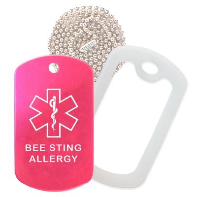 Bee Sting Allergy Medical Alert ID Necklace with Pink Hot Tag, Clear Silencer, and 30'' USA Chain - 154 Color Choices