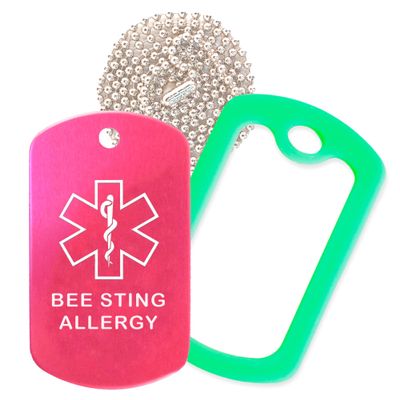 Bee Sting Allergy Medical Alert ID Necklace with Pink Hot Tag, Green Silencer, and 30'' USA Chain - 154 Color Choices