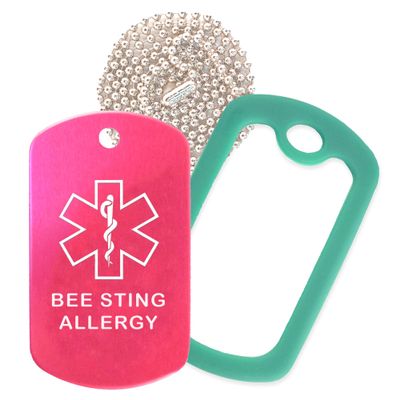 Bee Sting Allergy Medical Alert ID Necklace with Pink Hot Tag, Green Dark Silencer, and 30'' USA Chain - 154 Color Choices
