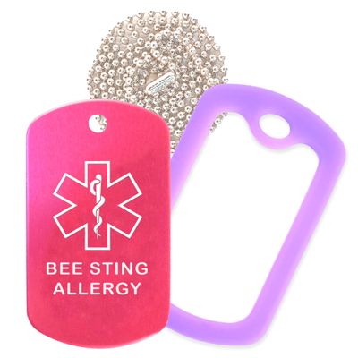 Bee Sting Allergy Medical Alert ID Necklace with Pink Hot Tag, Purple Silencer, and 30'' USA Chain - 154 Color Choices