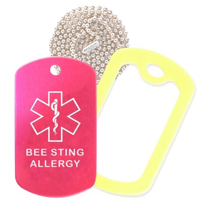 Bee Sting Allergy Medical Alert ID Necklace with Pink Hot Tag, Yellow Silencer, and 30'' USA Chain - 154 Color Choices