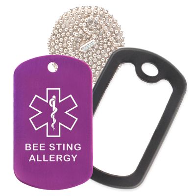 Bee Sting Allergy Medical Alert ID Necklace with Purple Tag, Black Silencer, and 30'' USA Chain - 154 Color Choices