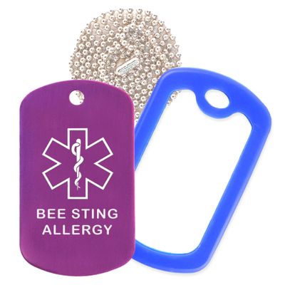 Bee Sting Allergy Medical Alert ID Necklace with Purple Tag, Blue Silencer, and 30'' USA Chain - 154 Color Choices