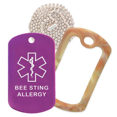 Bee Sting Allergy Medical Alert ID Necklace with Purple Tag, Camo Desert Silencer, and 30'' USA Chain - 154 Color Choices