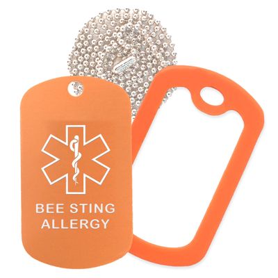 Bee Sting Allergy Medical Alert ID Necklace with Copper Tag, Orange Silencer, and 30'' USA Chain - 154 Color Choices