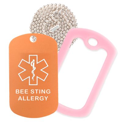 Bee Sting Allergy Medical Alert ID Necklace with Copper Tag, Pink Silencer, and 30'' USA Chain - 154 Color Choices