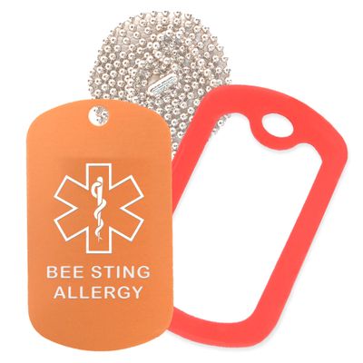 Bee Sting Allergy Medical Alert ID Necklace with Copper Tag, Red Silencer, and 30'' USA Chain - 154 Color Choices