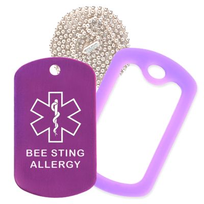 Bee Sting Allergy Medical Alert ID Necklace with Purple Tag, Purple Silencer, and 30'' USA Chain - 154 Color Choices