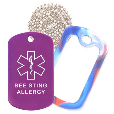 Bee Sting Allergy Medical Alert ID Necklace with Purple Tag, Red/White/Blue Silencer, and 30'' USA Chain - 154 Color Choices