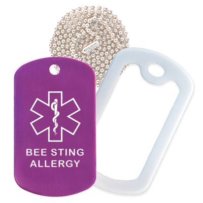 Bee Sting Allergy Medical Alert ID Necklace with Purple Tag, White Silencer, and 30'' USA Chain - 154 Color Choices