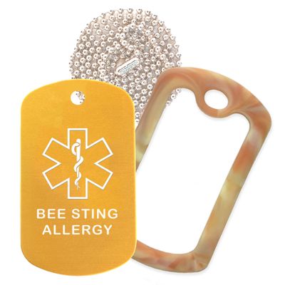 Bee Sting Allergy Medical Alert ID Necklace with Gold Tag, Camo Desert Silencer, and 30'' USA Chain - 154 Color Choices