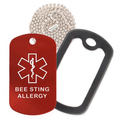 Bee Sting Allergy Medical Alert ID Necklace with Red Tag, Black Silencer, and 30'' USA Chain - 154 Color Choices