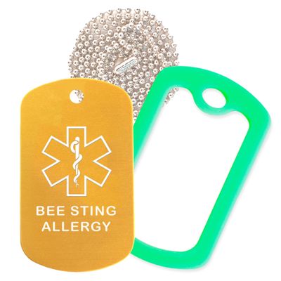 Bee Sting Allergy Medical Alert ID Necklace with Gold Tag, Green Silencer, and 30'' USA Chain - 154 Color Choices