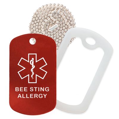 Bee Sting Allergy Medical Alert ID Necklace with Red Tag, Clear Silencer, and 30'' USA Chain - 154 Color Choices