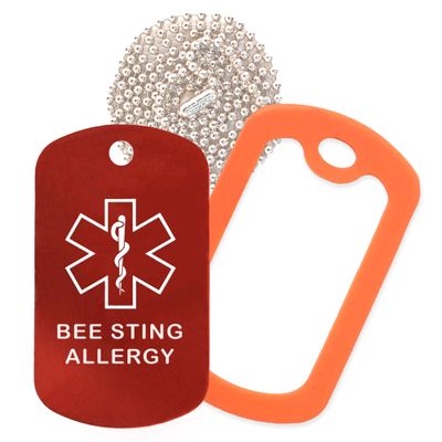 Bee Sting Allergy Medical Alert ID Necklace with Red Tag, Orange Silencer, and 30'' USA Chain - 154 Color Choices