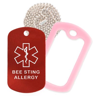 Bee Sting Allergy Medical Alert ID Necklace with Red Tag, Pink Silencer, and 30'' USA Chain - 154 Color Choices