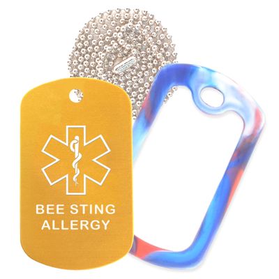 Bee Sting Allergy Medical Alert ID Necklace with Gold Tag, Red/White/Blue Silencer, and 30'' USA Chain - 154 Color Choices