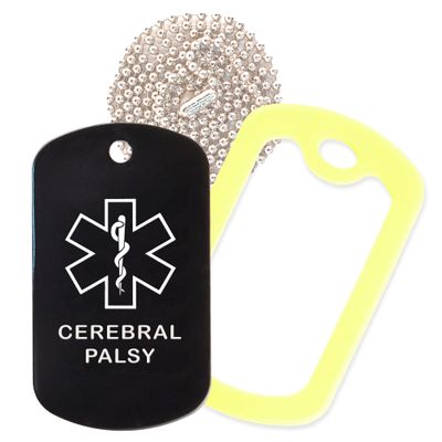 Cerebral Palsy Medical Alert ID Necklace with Black Tag, Yellow Silencer, and 30'' USA Ball Chain - Over 150 Color Combinations