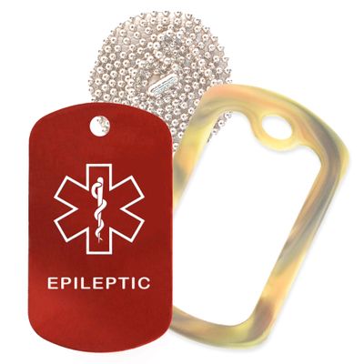 Epileptic Medical Alert ID Necklace with Red Tag, Camo Forest Silencer, and 30'' USA Chain - 154 Color Choices