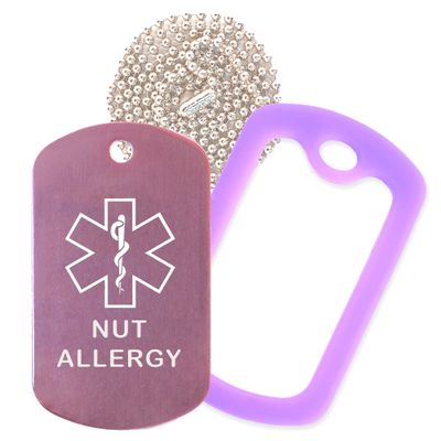 Nut Allergy Medical Alert ID Necklace with Pink Tag, Purple Silencer, and 30'' USA Chain - 154 Color Choices