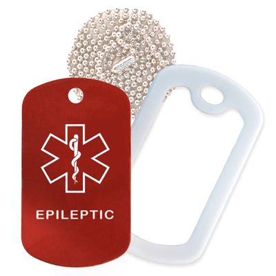 Epileptic Medical Alert ID Necklace with Red Tag, White Silencer, and 30'' USA Chain - 154 Color Choices