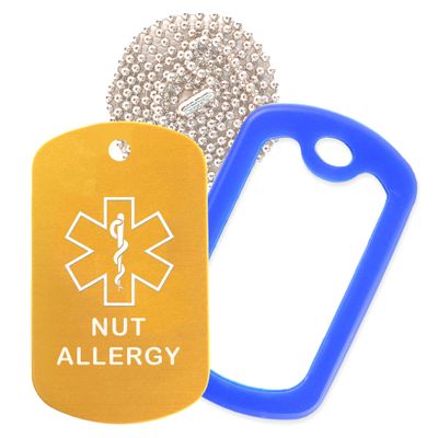 Nut Allergy Medical Alert ID Necklace with Gold Tag, Blue Silencer, and 30'' USA Chain - 154 Color Choices