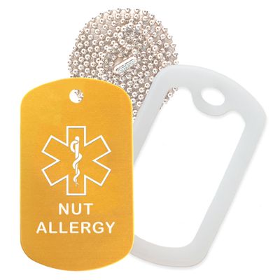 Nut Allergy Medical Alert ID Necklace with Gold Tag, Clear Silencer, and 30'' USA Chain - 154 Color Choices