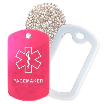 Pacemaker Medical Alert ID Necklace with Pink Hot Tag, White Silencer, and 30'' USA Chain - 154 Color Choices