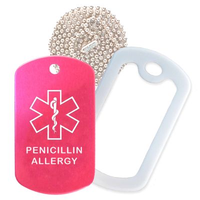 Penicillin Allergy Medical Alert ID Necklace with Pink Hot Tag, White Silencer, and 30'' USA Chain - 154 Color Choices