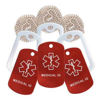 Medical Id Medical Alert ID Necklace - 3 Pack - Red Tag, White Silencer, and 30'' USA Chain - 154 Colors Choices