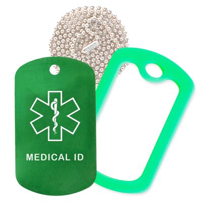 Medical Id Medical Alert ID Necklace with Green Tag, Green Silencer, and 30'' USA Chain - 154 Color Choices