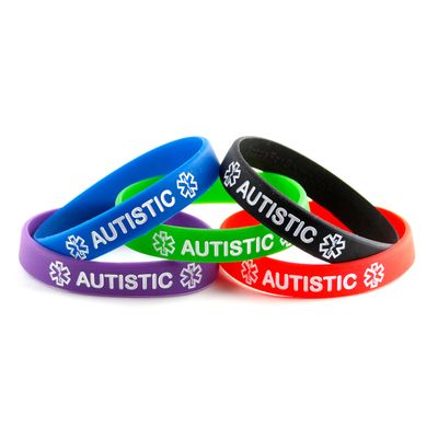 Goods For Giving Autistic ID Bracelet Wristband Combo - 5 Pack - 8-1/4 Inches - Large - Black Blue Green Red Purple