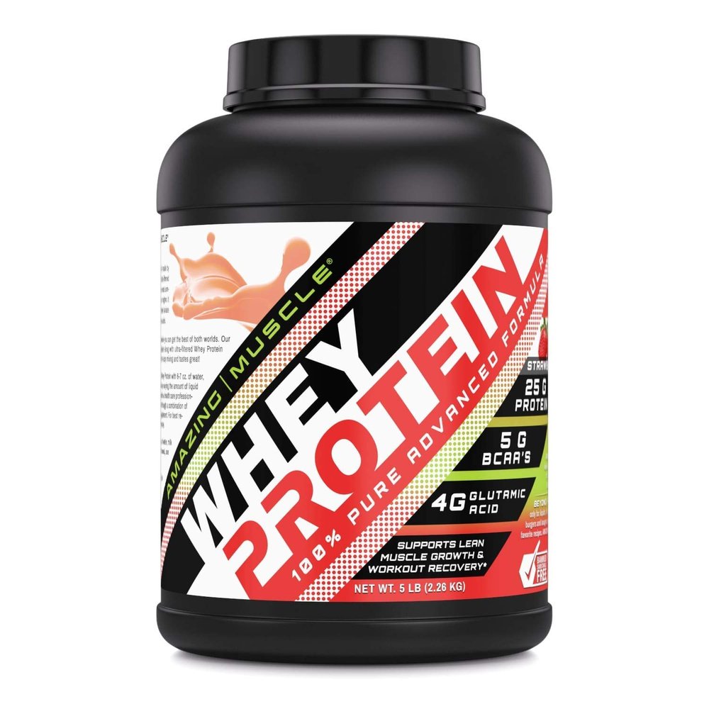 Amazing Muscle Whey Protein Isolate & Concentrate Powder | 25 G Protein per Serving | Non-GMO | Gluten-Free | Made in USA (5 LB, Strawberry)