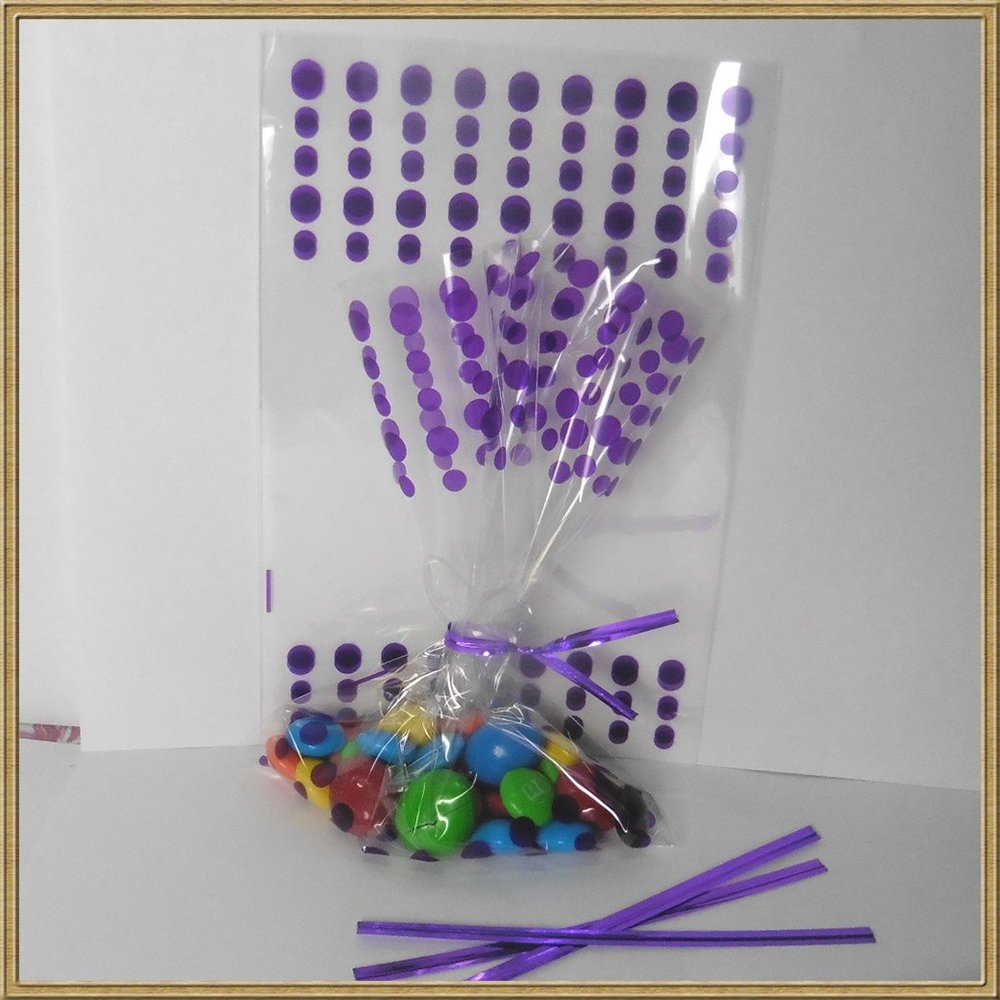 100pcs 4"x 6" Polka dot Cello Bags + Matched Twist Ties for Party Gift Packing (Purple)