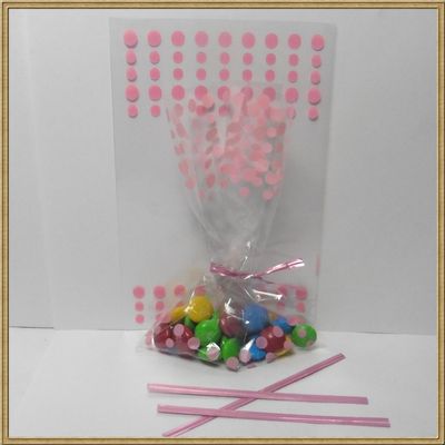 100pcs 4"x 6" Polka dot Cello Bags + Matched Twist Ties for Party Gift Packing (Pink)