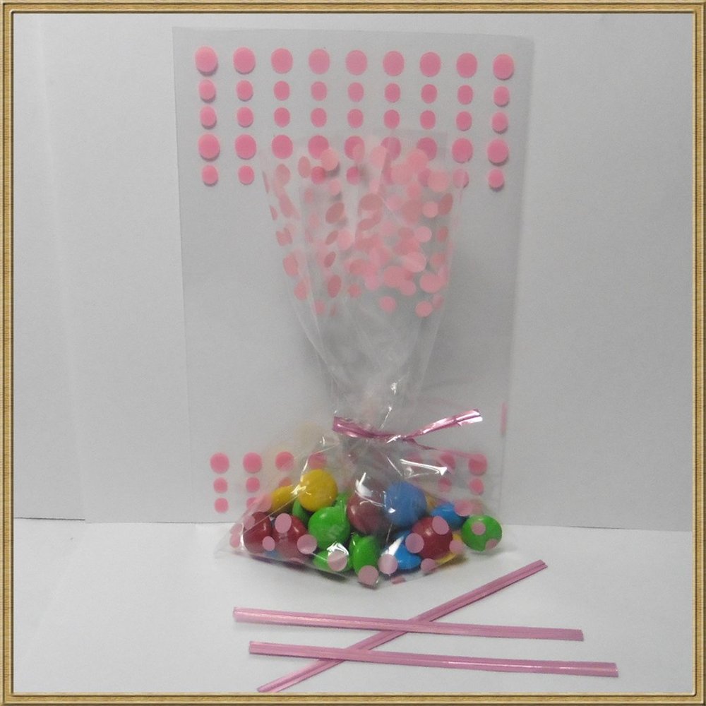 100pcs 4"x 6" Polka dot Cello Bags + Matched Twist Ties for Party Gift Packing (Pink)