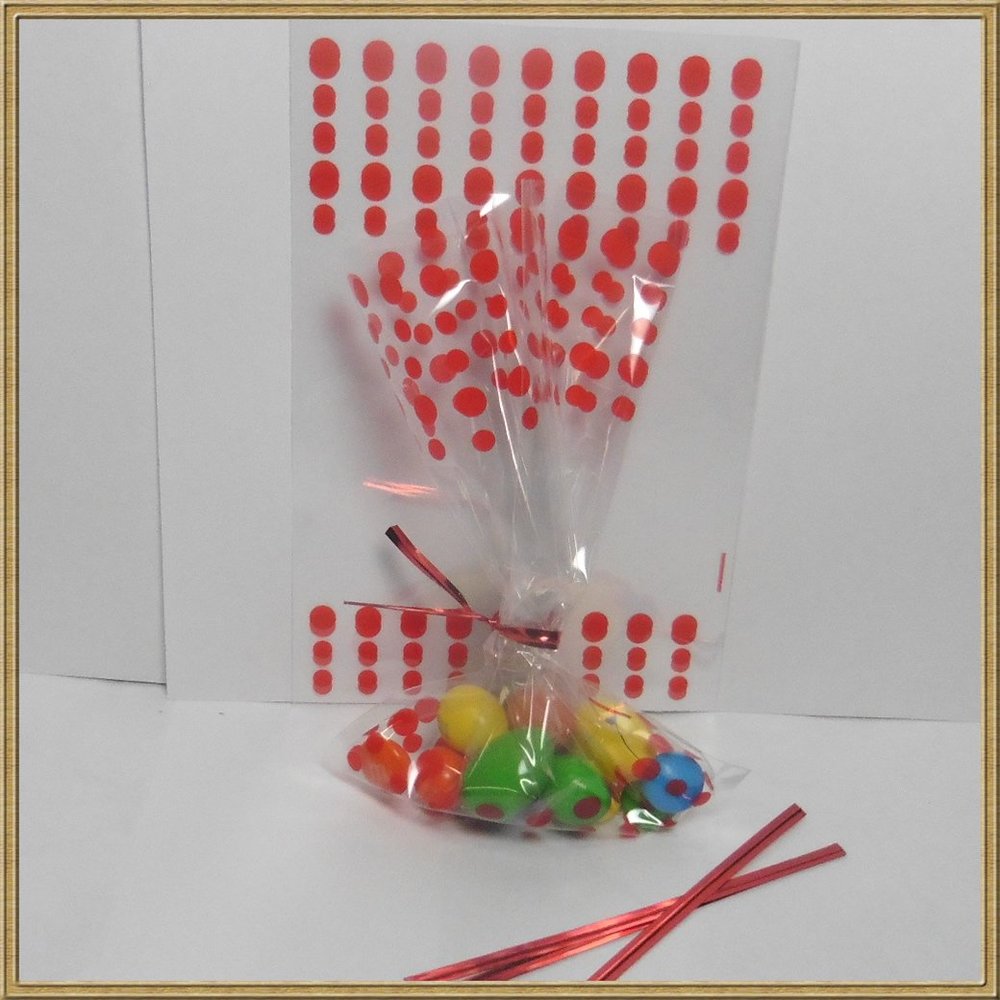 100pcs 4"x 6" Polka dot Cello Bags + Matched Twist Ties for Party Gift Packing (Red)