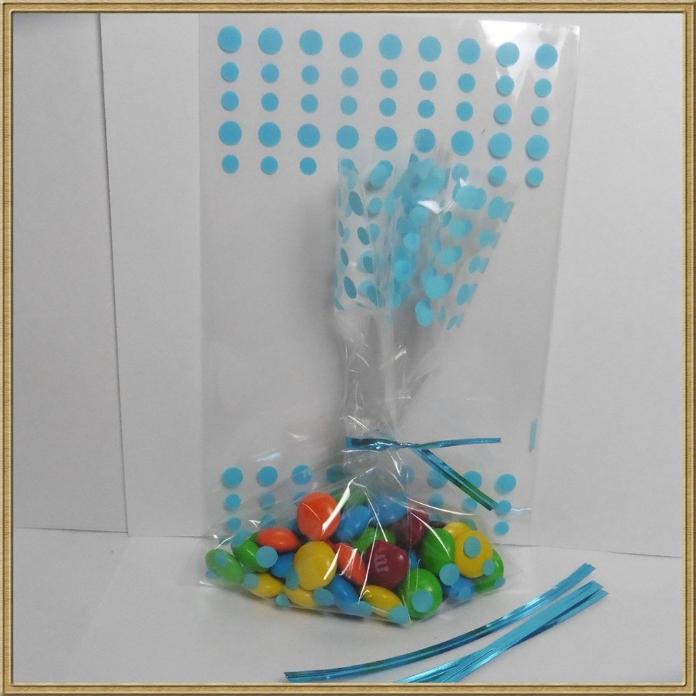 100pcs 4"x 6" Polka dot Cello Bags + Matched Twist Ties for Party Gift Packing (Blue)