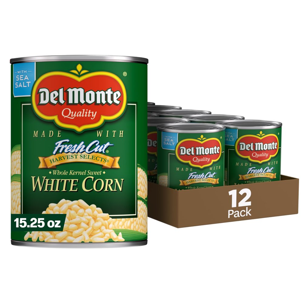 DEL MONTE FRESH CUT HARVEST SELECTS Sweet White Whole Kernel Corn, Canned Vegetables, 12 Pack, 15.25 oz Can