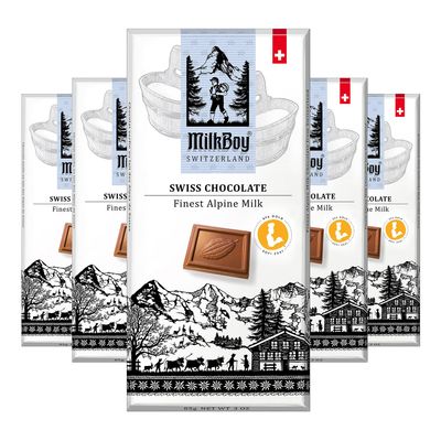 Milkboy Swiss Chocolates Chocolate Bars - Premium Swiss Alpine Milk Chocolate - Smooth European Milk Chocolates Gift - Sustainably Farmed Cocoa - Gluten Free - 3 oz, Pack 5