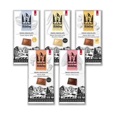 Milkboy Swiss Chocolates Gourmet Milk Chocolate Bars - Dark Chocolates - White Chocolate Bar - Premium Handmade Chocolate Variety - Kosher - GMO Free - Chocolates Candy - (Pack of 5)