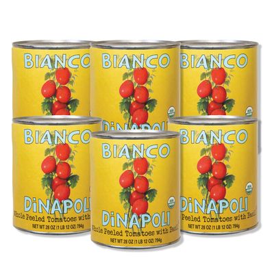 Bianco DiNapoli Organic Whole Peeled Tomatoes - Vine Ripened California Grown Tomatoes with Basil - Ideal for Flavorful Sauces, Soups & Italian Cooking - Canned for Freshness - 28oz, 6 Pack