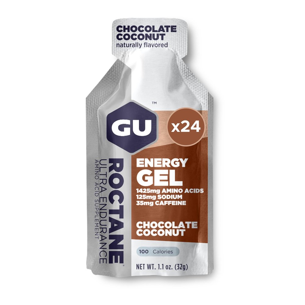 GU Energy Roctane Ultra Endurance Energy Gel, Vegan, Gluten-Free, Kosher, and Dairy-Free On-The-Go Sports Nutrition for Running, Biking, Hiking or Skiing, Chocolate Coconut,24-Count