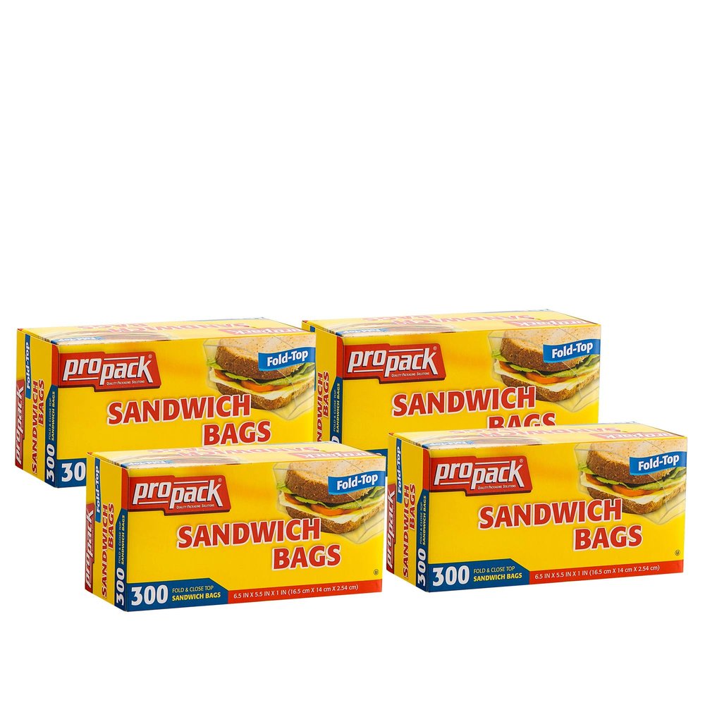 ProPack Disposable Plastic Sandwich Bags with Fold Close Top 1200 Bags, Great for Home, Office, Vacation, Traveling, Sandwich, Fruits, Nuts, Cake, Cookies, Or Any Snacks (4 Packs)