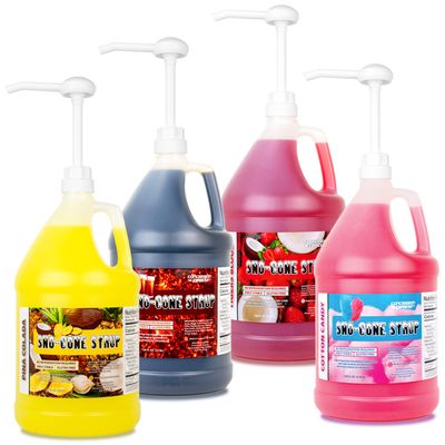 Sno-Cone Syrups - Four Gallons with Pumps (Cola-Cotton Candy-Pina Colada-Tigers Blood)