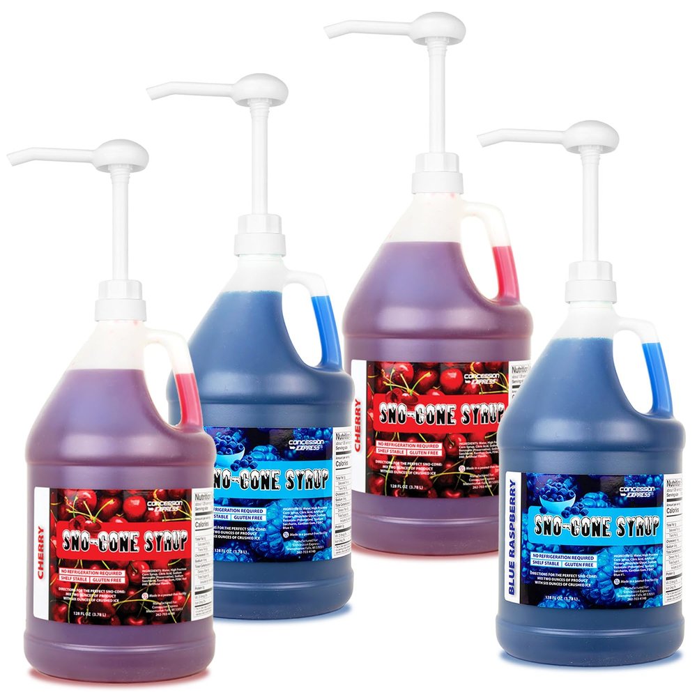 Sno-Cone Syrups - Four Gallons with Pumps (Blue Raspberry-Blue Raspbery-Cherry-Cherry)